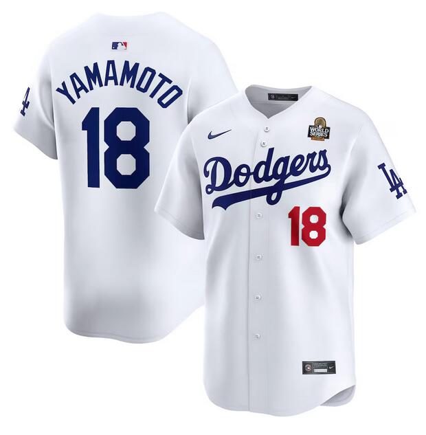 Men's Los Angeles Dodgers #18 Yoshinobu Yamamoto White 2024 World Series Home Limited Stitched Baseball Jersey Men's Los Angeles Dodgers #18 Yoshinobu Yamamoto White 2024 World Series Home Limited Stitched Baseball Jersey